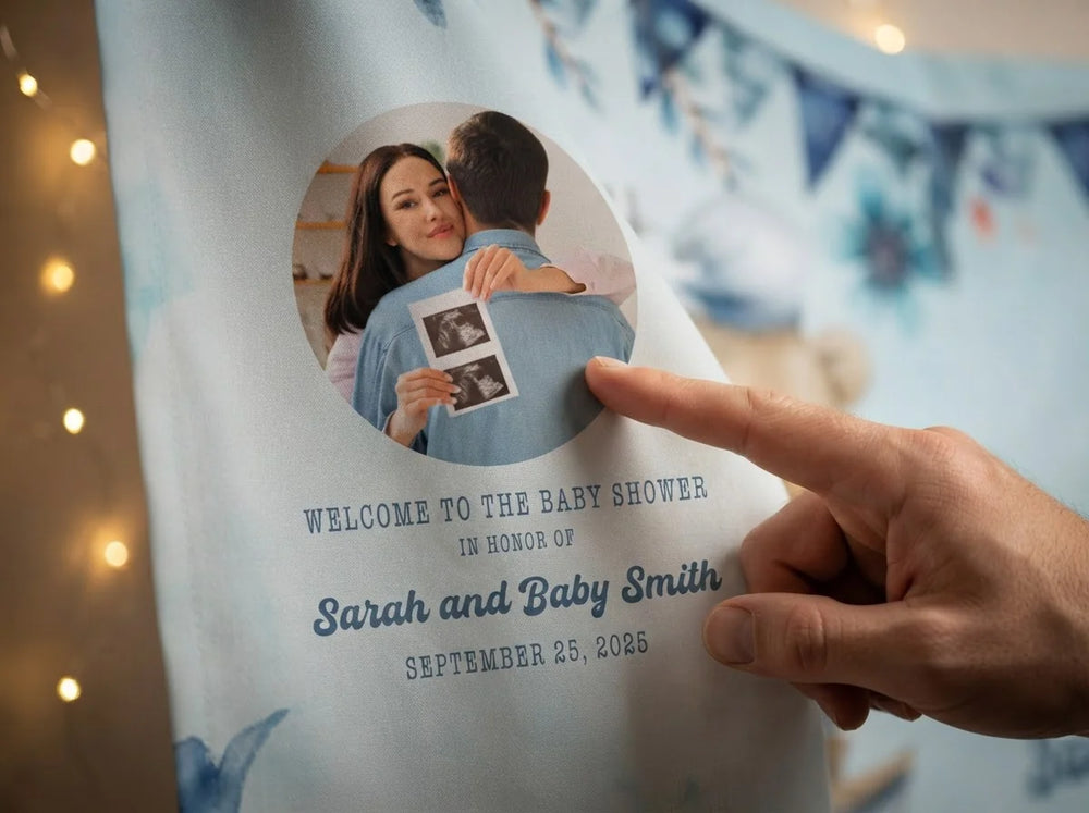 Close-up of the personalised name and photo printed on the Baby On Board Baby Shower Party Banner