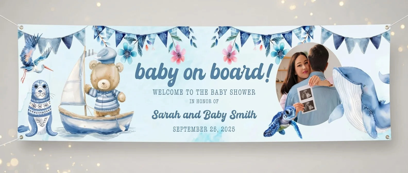 Personalised Baby On Board Baby Shower Party Banner displayed against a plain studio background