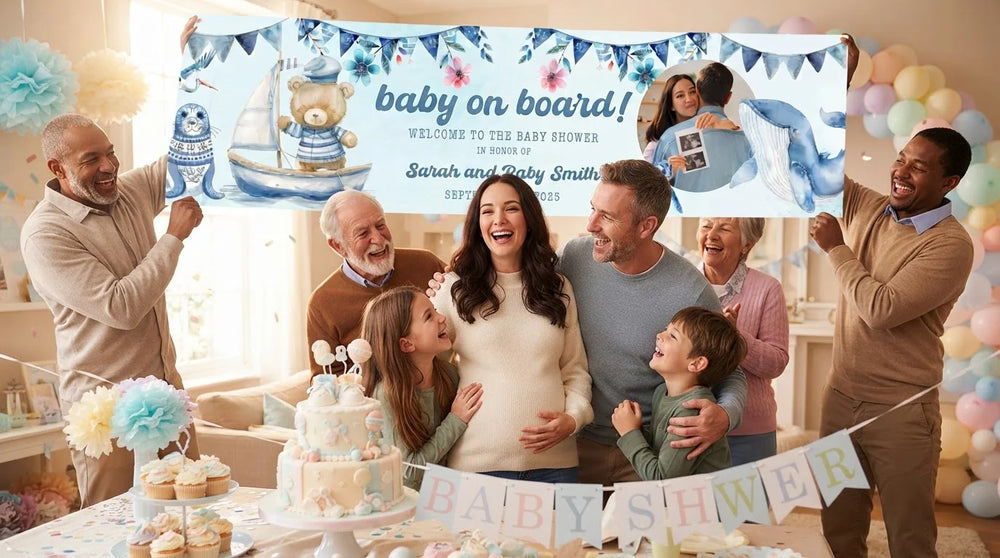Friends and family celebrating with the personalised Baby On Board Baby Shower Party Banner