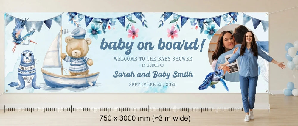 Person standing beside the Baby On Board Baby Shower Party Banner for scale, with size guide showing 750 x 3000 mm