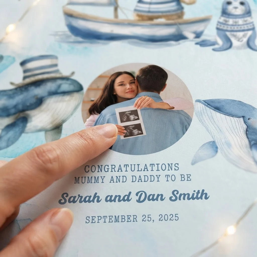 Close-up of the personalised name and photo printed on the Baby On Board Baby Shower Party Mega Card