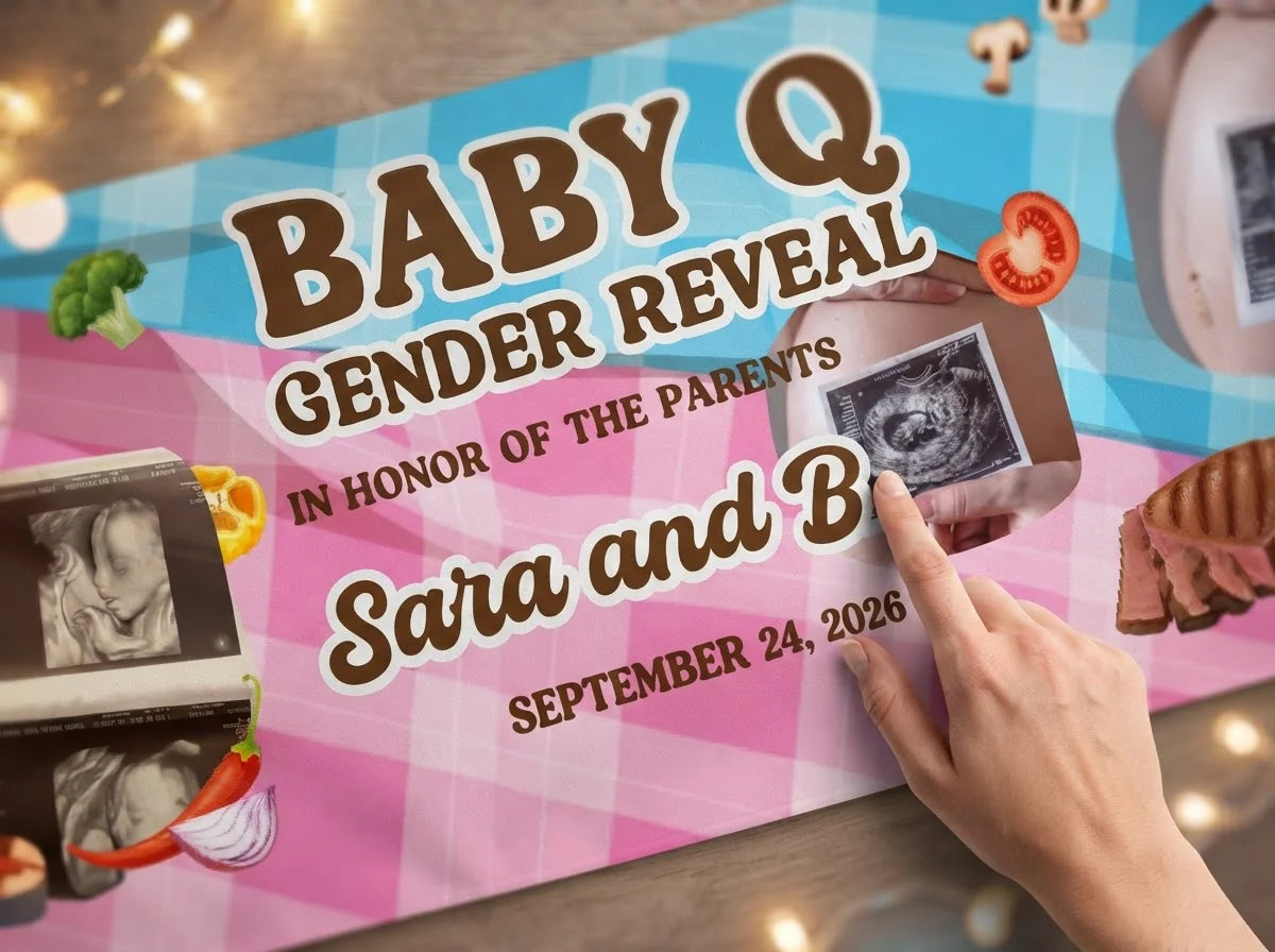 Close-up of the personalised name and photo printed on the Baby Q Gender Reveal Party Banner