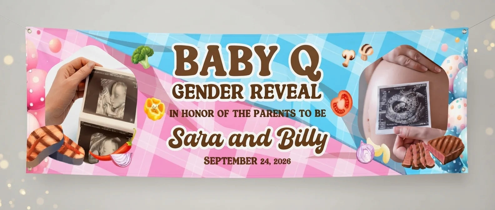 Personalised Baby Q Gender Reveal Party Banner displayed against a plain studio background