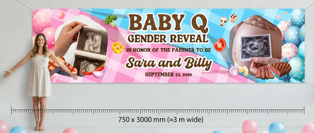 Person standing beside the Baby Q Gender Reveal Party Banner for scale, with size guide showing 750 x 3000 mm