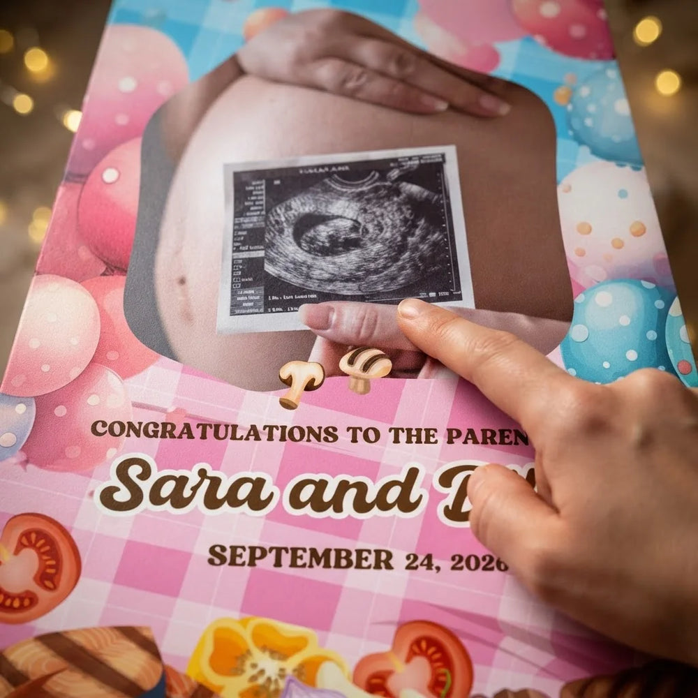 Close-up of the personalised name and photo printed on the Baby Q Gender Reveal Party Mega Card