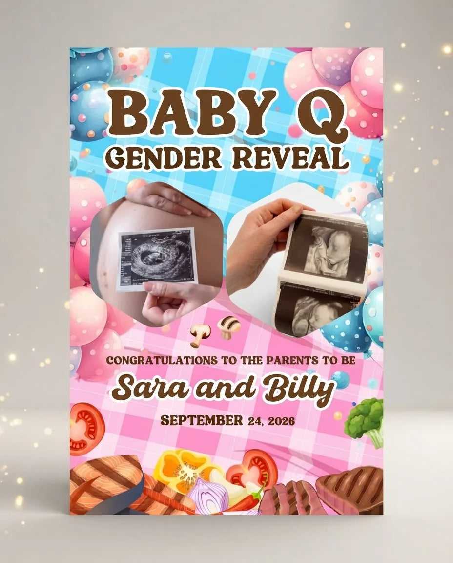 Personalised Baby Q Gender Reveal Party Mega Card displayed against a plain studio background