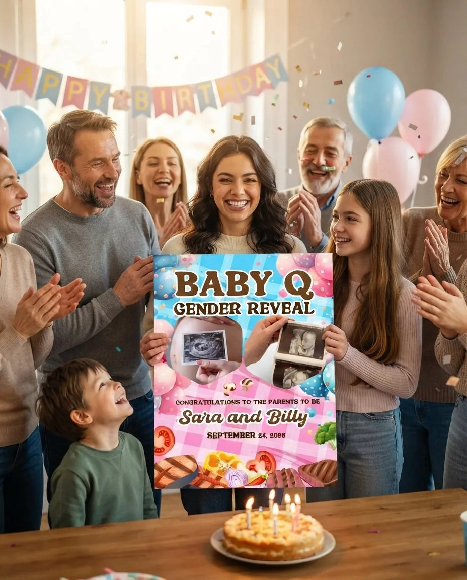 Friends and family celebrating with the personalised Baby Q Gender Reveal Party Mega Card