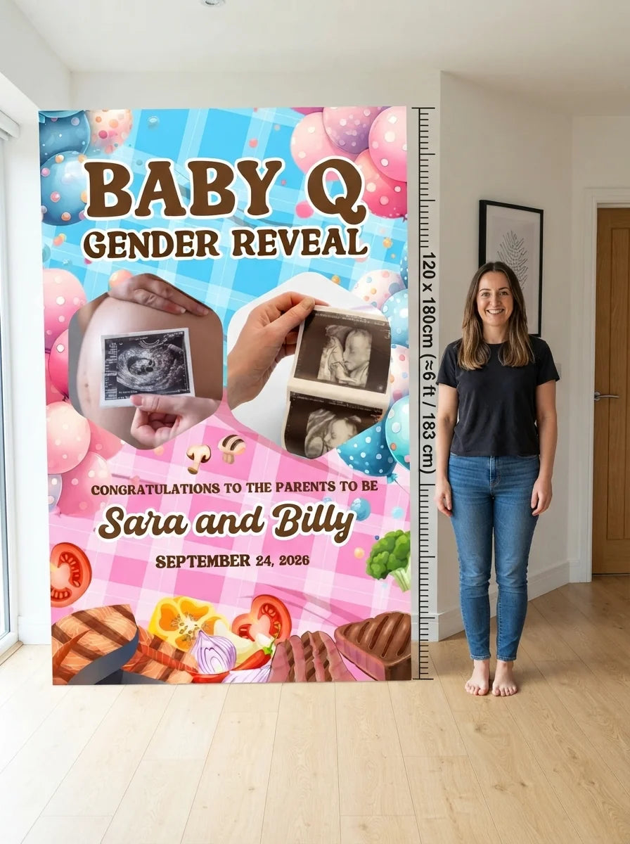 Person standing beside the Baby Q Gender Reveal Party Mega Card for scale in a size guide