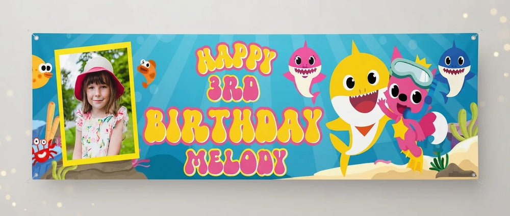 Personalised Baby Shark Birthday Banner displayed against a plain studio background