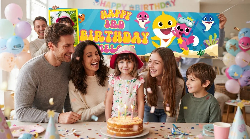 Friends and family celebrating with the personalised Baby Shark Birthday Banner