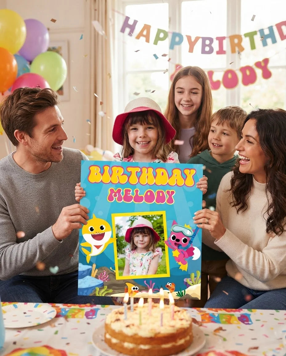 Friends and family celebrating with the personalised Baby Shark Mega Card