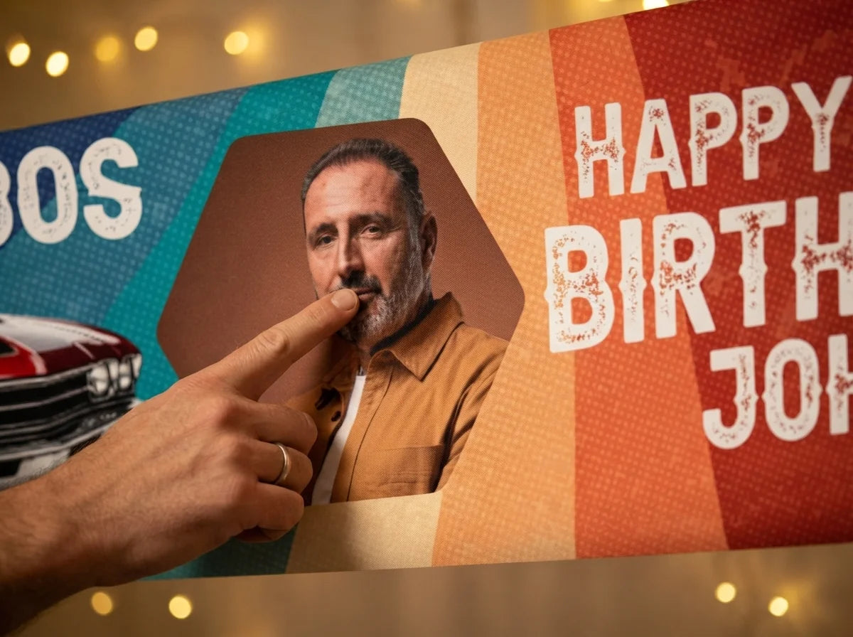 Close-up of the personalised name and photo printed on the Back to the 80s Vintage Car Birthday Party Banner