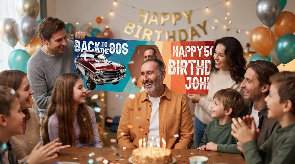 Friends and family celebrating with the personalised Back to the 80s Vintage Car Birthday Party Banner