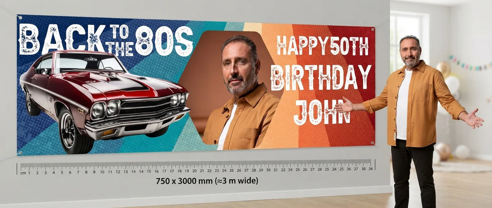 Person standing beside the Back to the 80s Vintage Car Birthday Party Banner for scale, with size guide showing 750 x 3000 mm