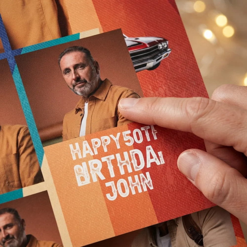 Close-up of the personalised name and photo printed on the Back to the 80s Vintage Car Birthday Party Mega Card