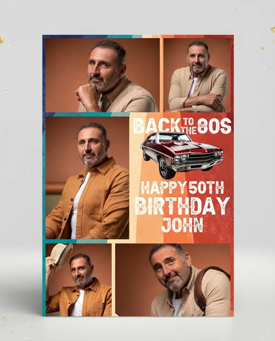 Personalised Back to the 80s Vintage Car Birthday Party Mega Card displayed against a plain studio background