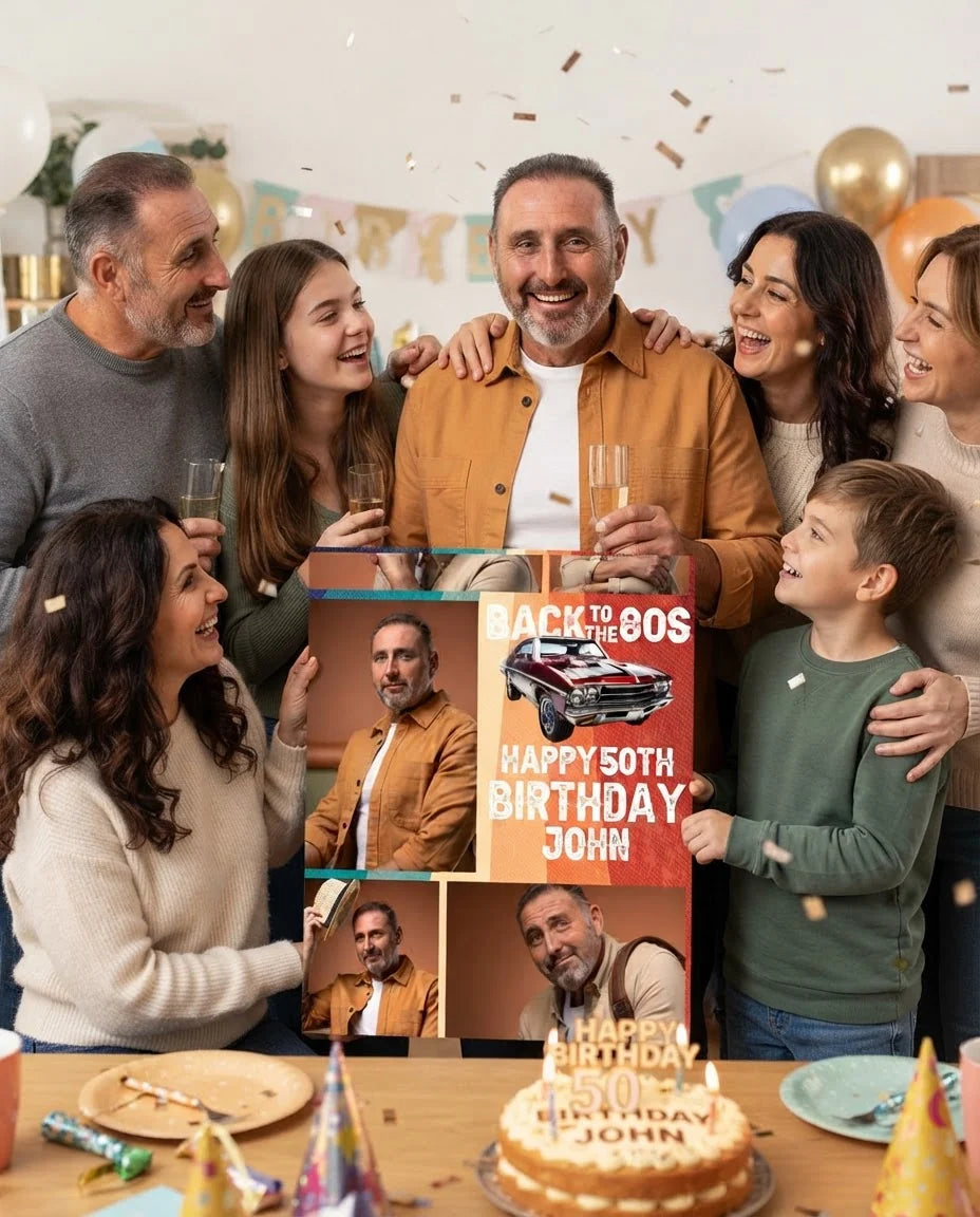 Friends and family celebrating with the personalised Back to the 80s Vintage Car Birthday Party Mega Card