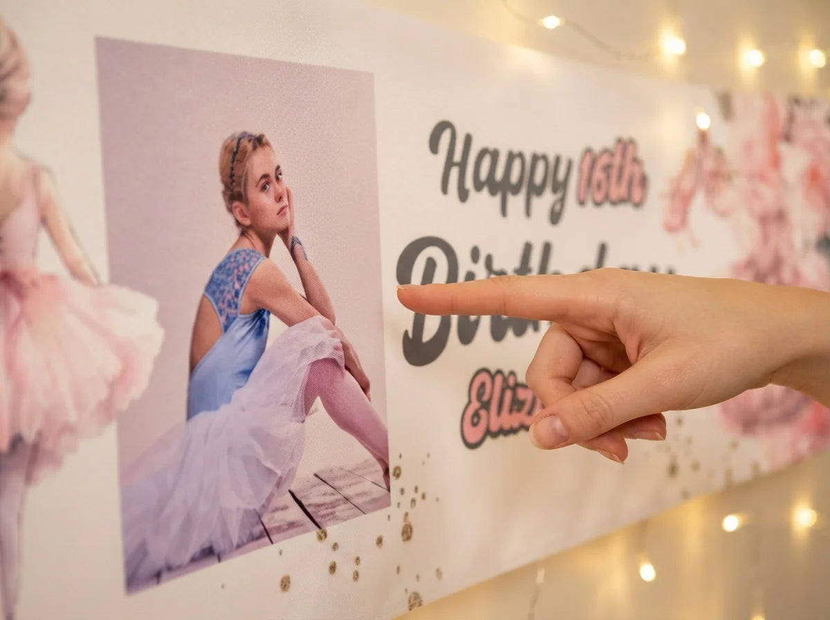 Close-up of the personalised name and photo printed on the Ballerina Theme Birthday Party Banner