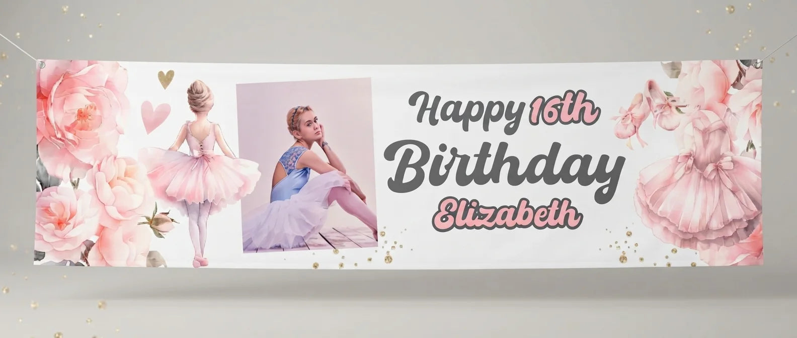 Personalised Ballerina Theme Birthday Party Banner displayed against a plain studio background
