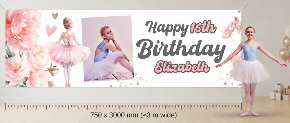 Person standing beside the Ballerina Theme Birthday Party Banner for scale, with size guide showing 750 x 3000 mm