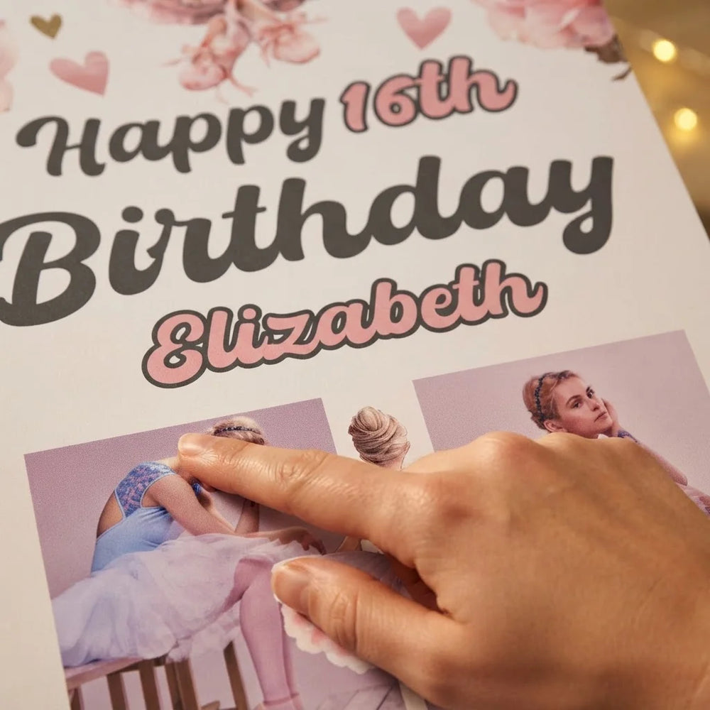 Close-up of the personalised name and photo printed on the Ballerina Theme Birthday Party Mega Card