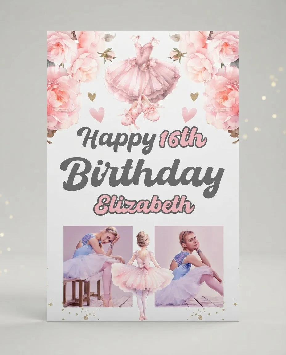 Personalised Ballerina Theme Birthday Party Mega Card displayed against a plain studio background