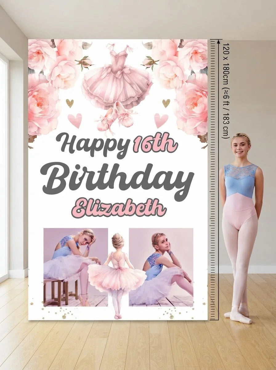 Person standing beside the Ballerina Theme Birthday Party Mega Card for scale in a size guide