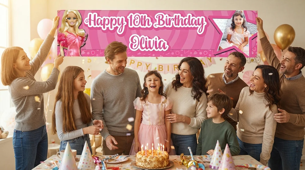 Friends and family celebrating with the personalised Barbie Birthday Banner