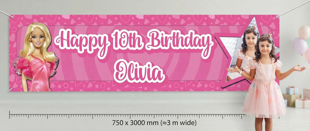 Person standing beside the Barbie Birthday Banner for scale, with size guide showing 750 x 3000 mm