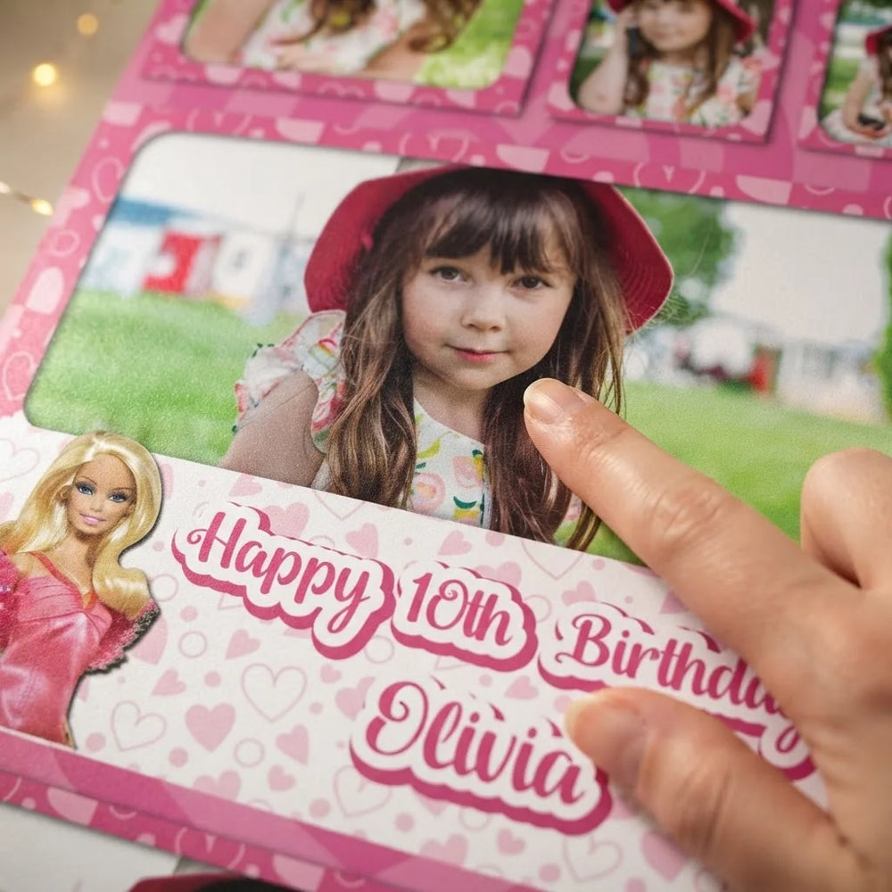 Close-up of the personalised name and photo printed on the Barbie Mega Card