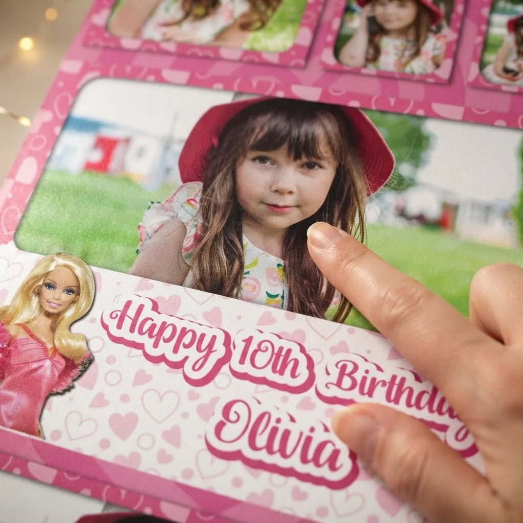 Close-up of the personalised name and photo printed on the Barbie Mega Card