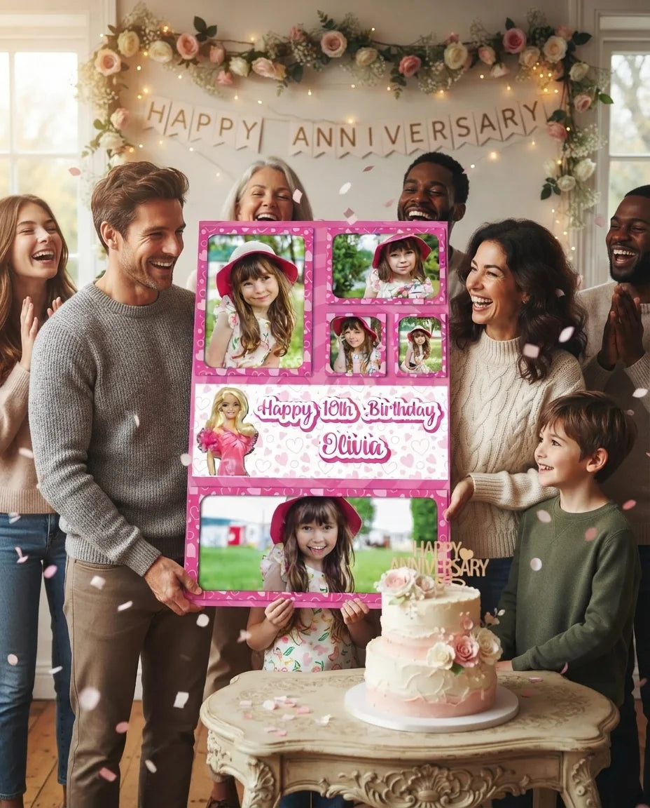 Friends and family celebrating with the personalised Barbie Mega Card