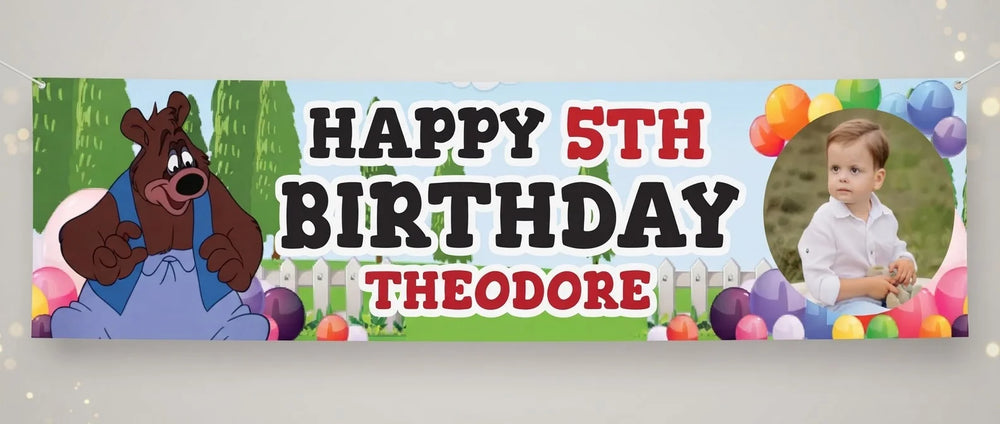 Personalised Barney Bear Birthday Banner displayed against a plain studio background