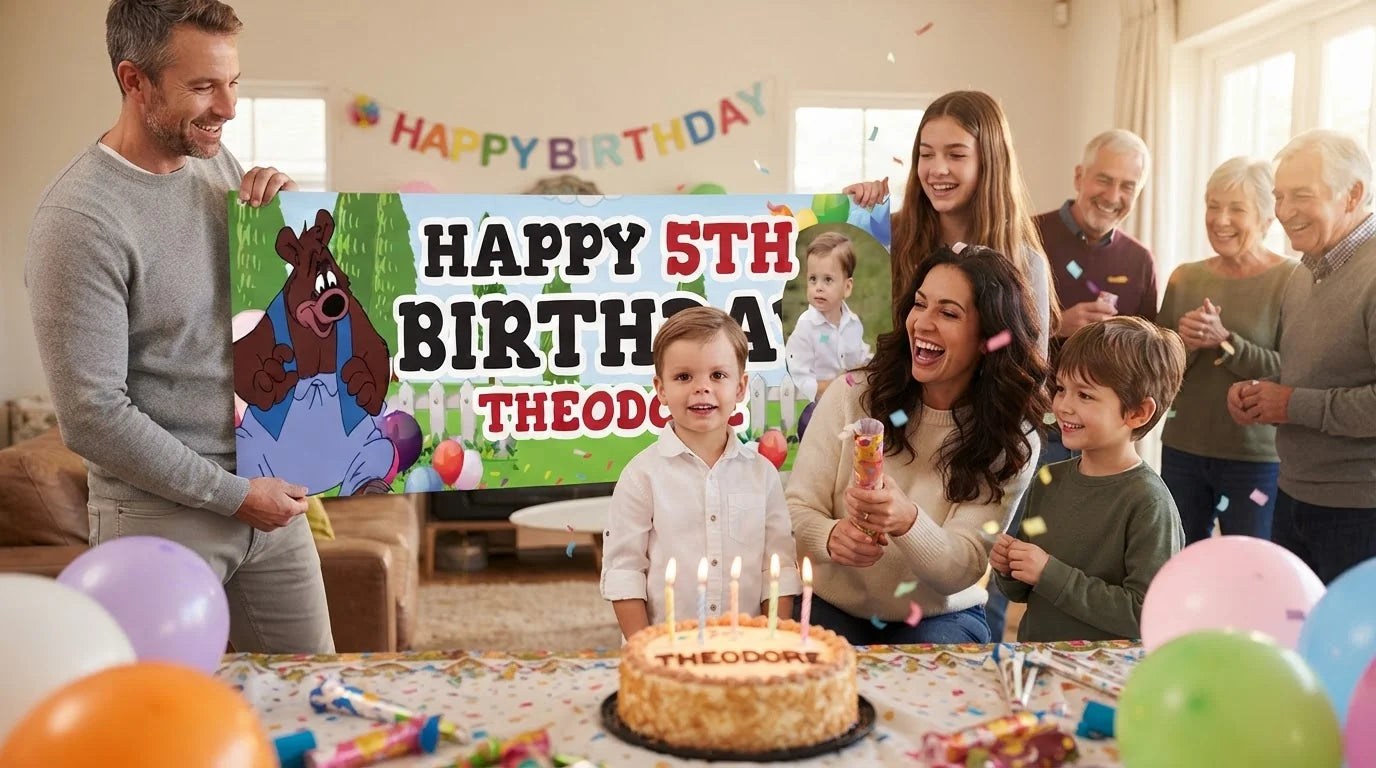 Friends and family celebrating with the personalised Barney Bear Birthday Banner