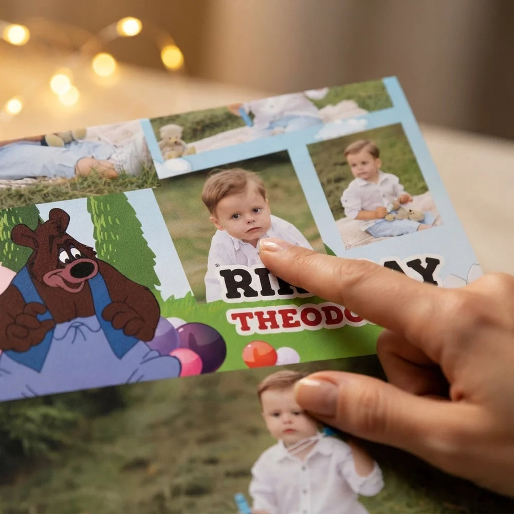 Close-up of the personalised name and photo printed on the Barney Bear Mega Card