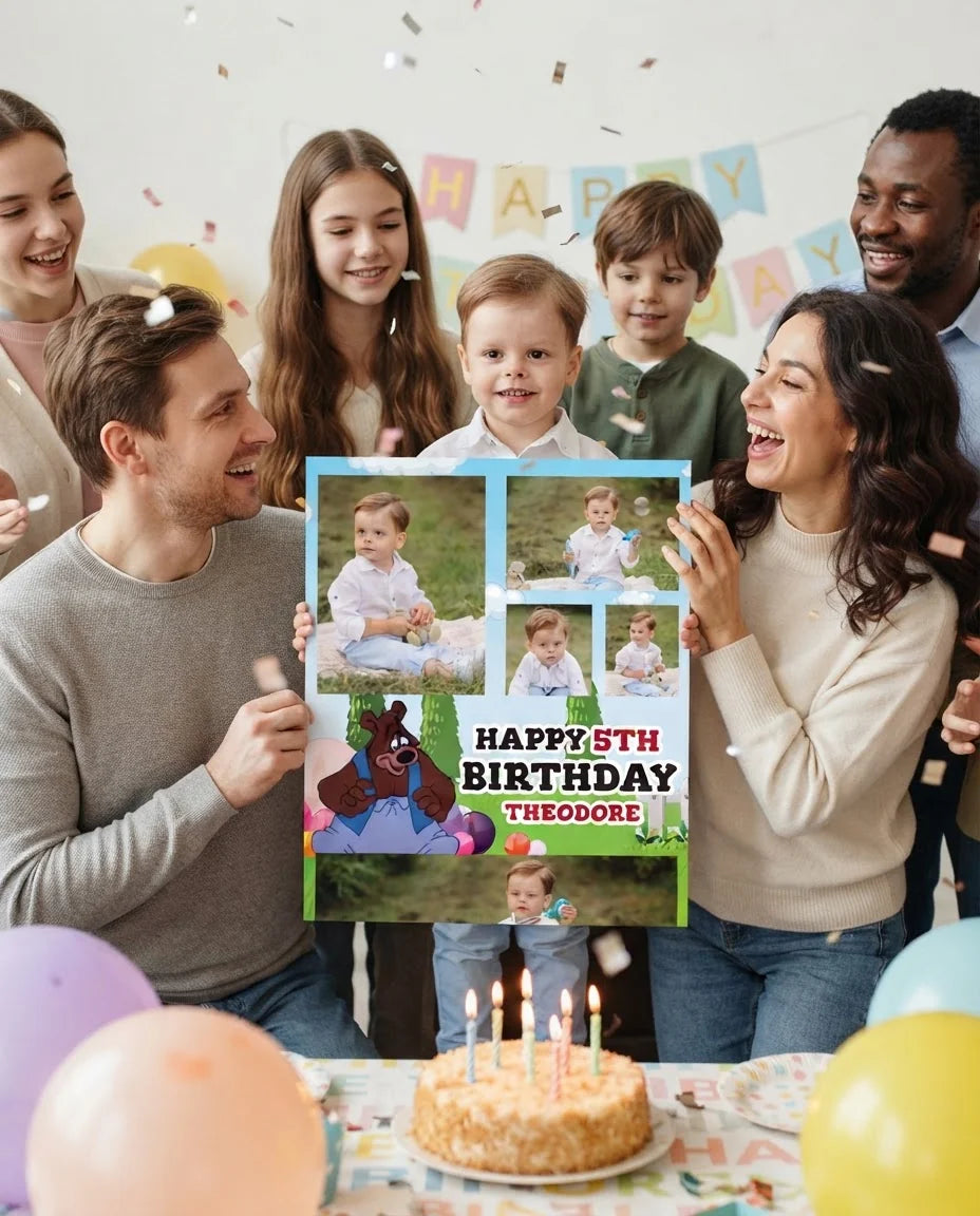 Friends and family celebrating with the personalised Barney Bear Mega Card