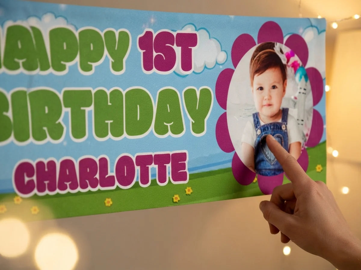 Close-up of the personalised name and photo printed on the Barney Birthday Banner