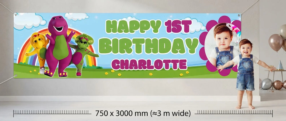 Person standing beside the Barney Birthday Banner for scale, with size guide showing 750 x 3000 mm