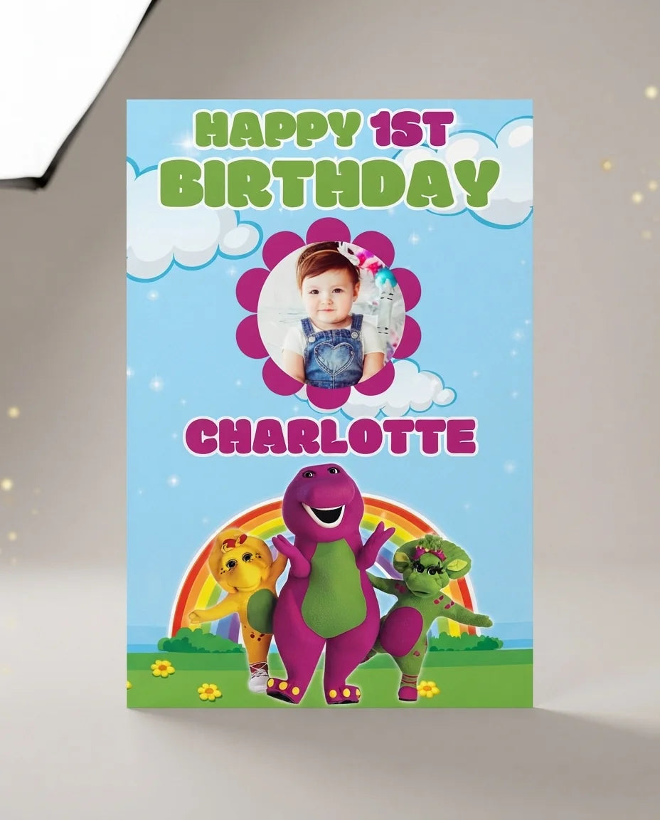 Personalised Barney Mega Card displayed against a plain studio background