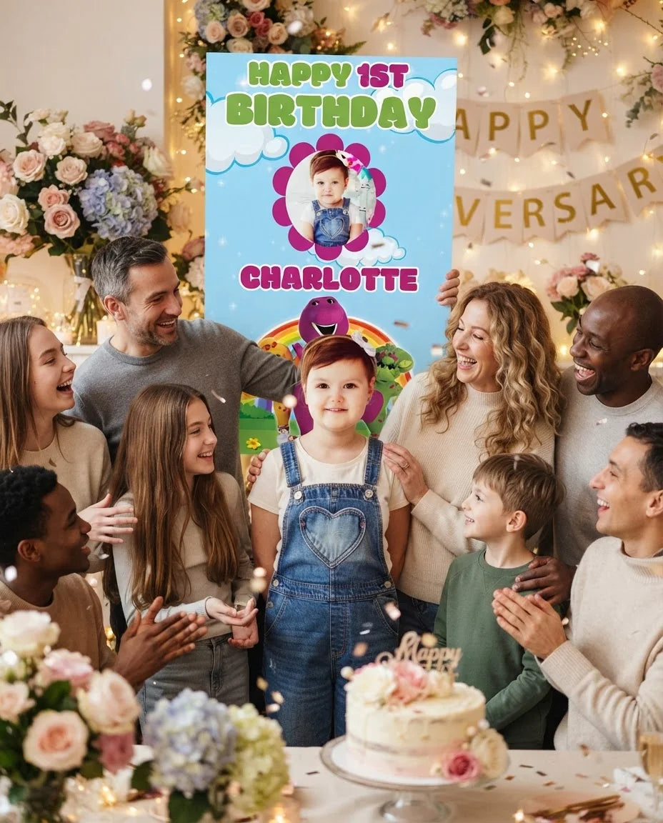 Friends and family celebrating with the personalised Barney Mega Card