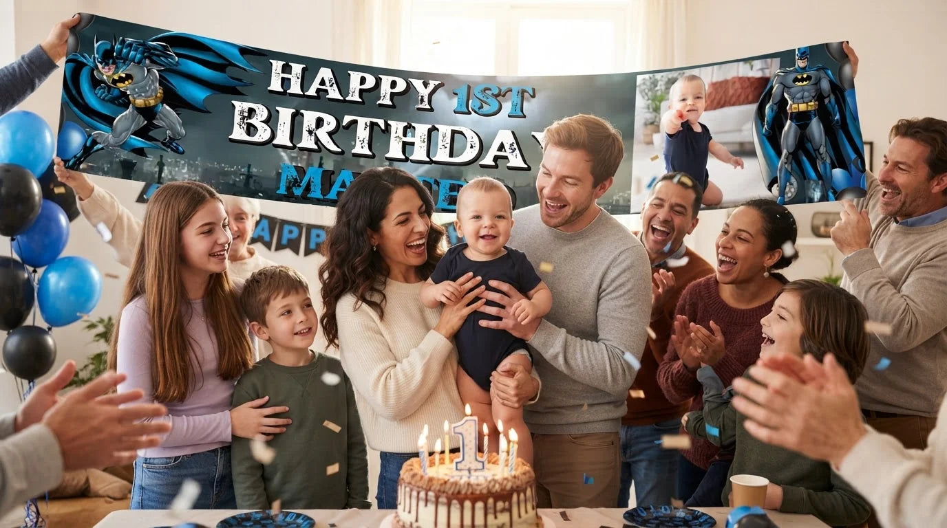 Friends and family celebrating with the personalised Batman Birthday Banner