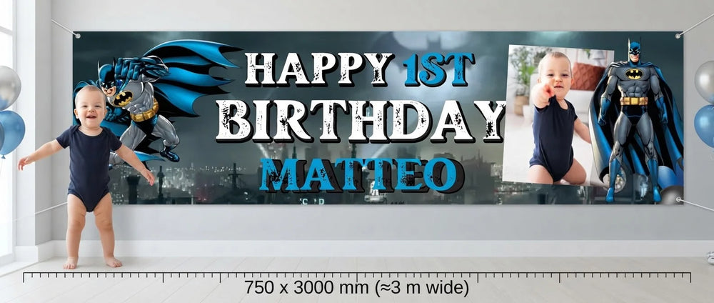 Person standing beside the Batman Birthday Banner for scale, with size guide showing 750 x 3000 mm