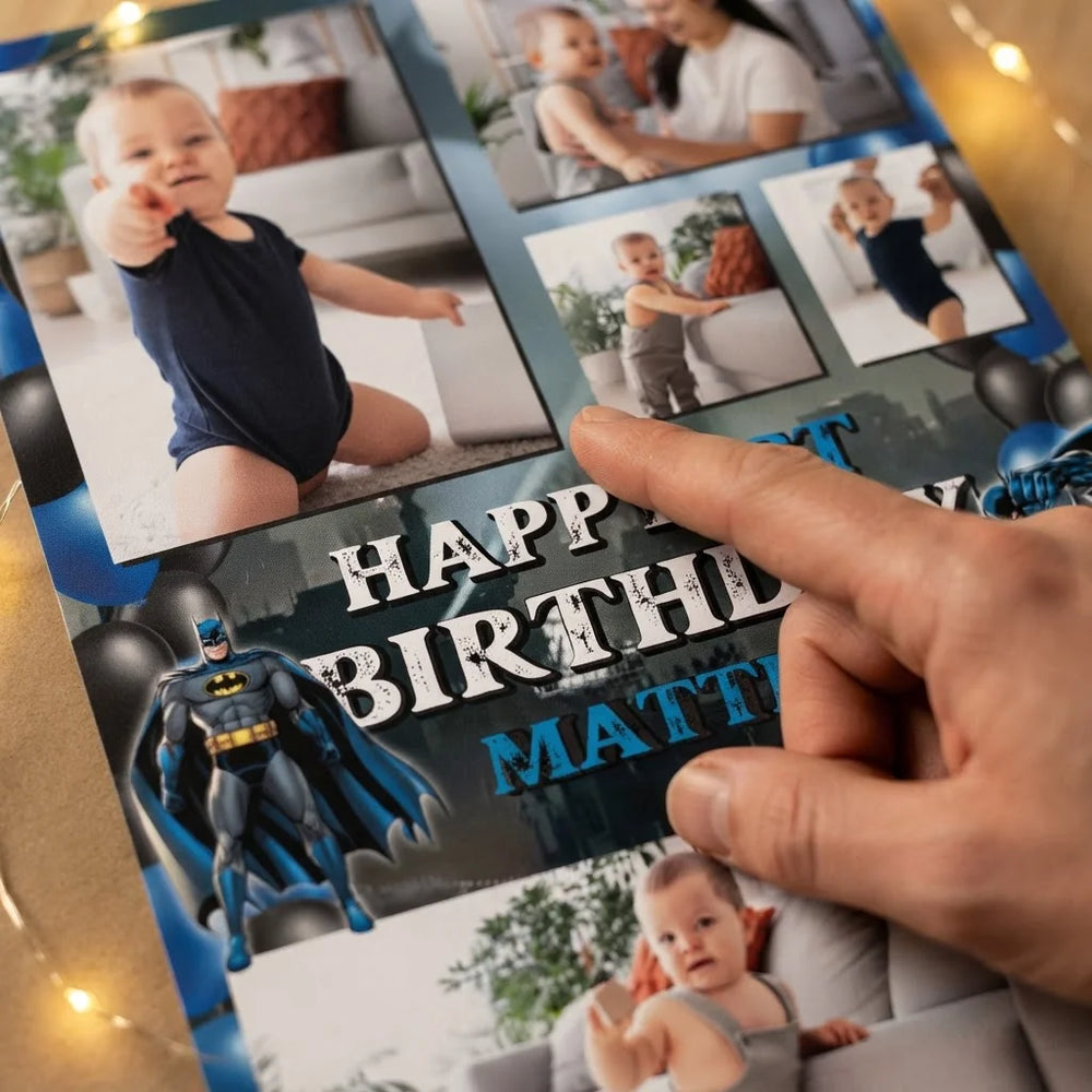 Close-up of the personalised name and photo printed on the Batman Mega Card