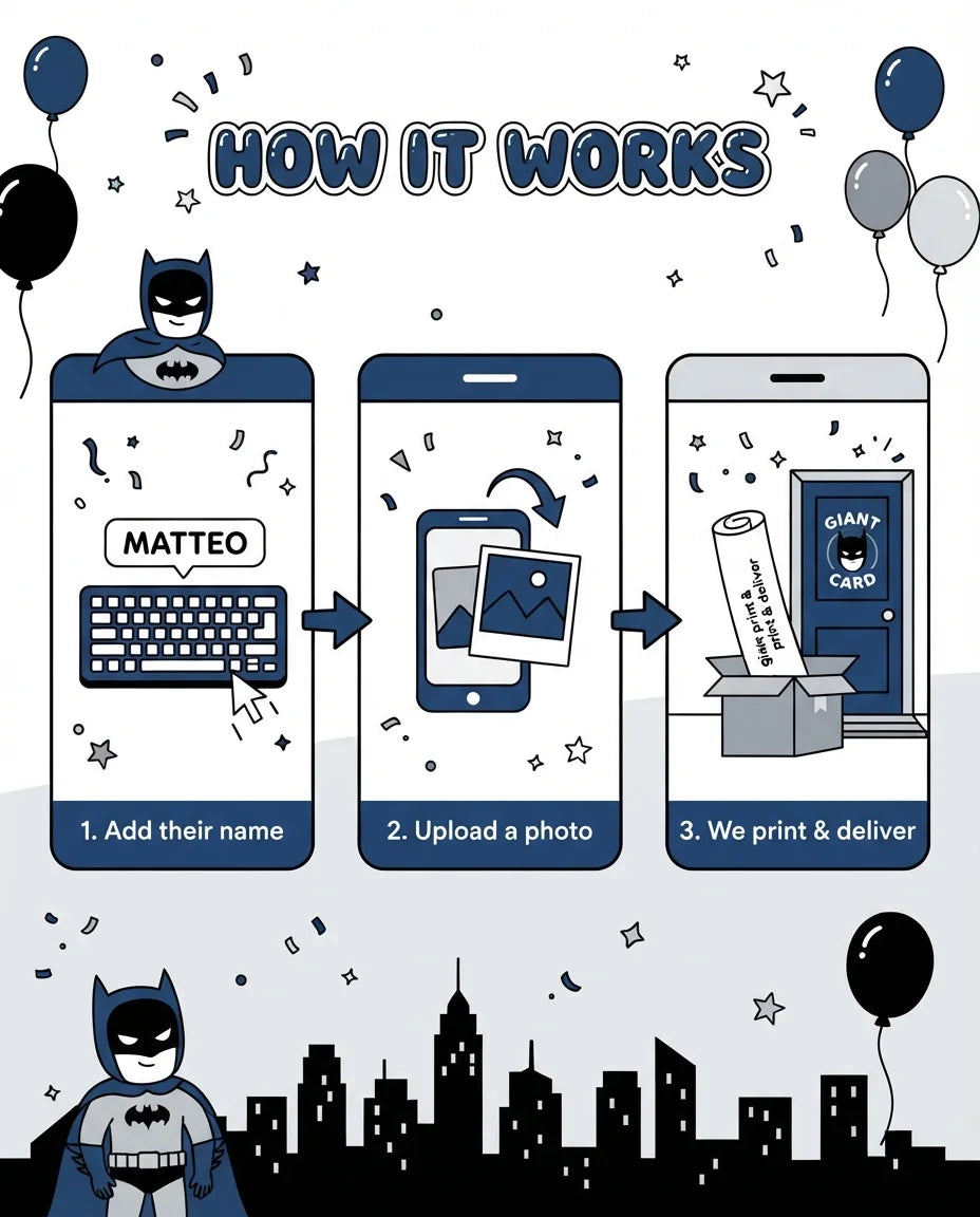How it works: add a name, upload a photo, and we print and deliver the Batman Mega Card