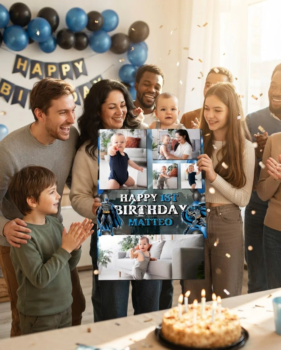 Friends and family celebrating with the personalised Batman Mega Card