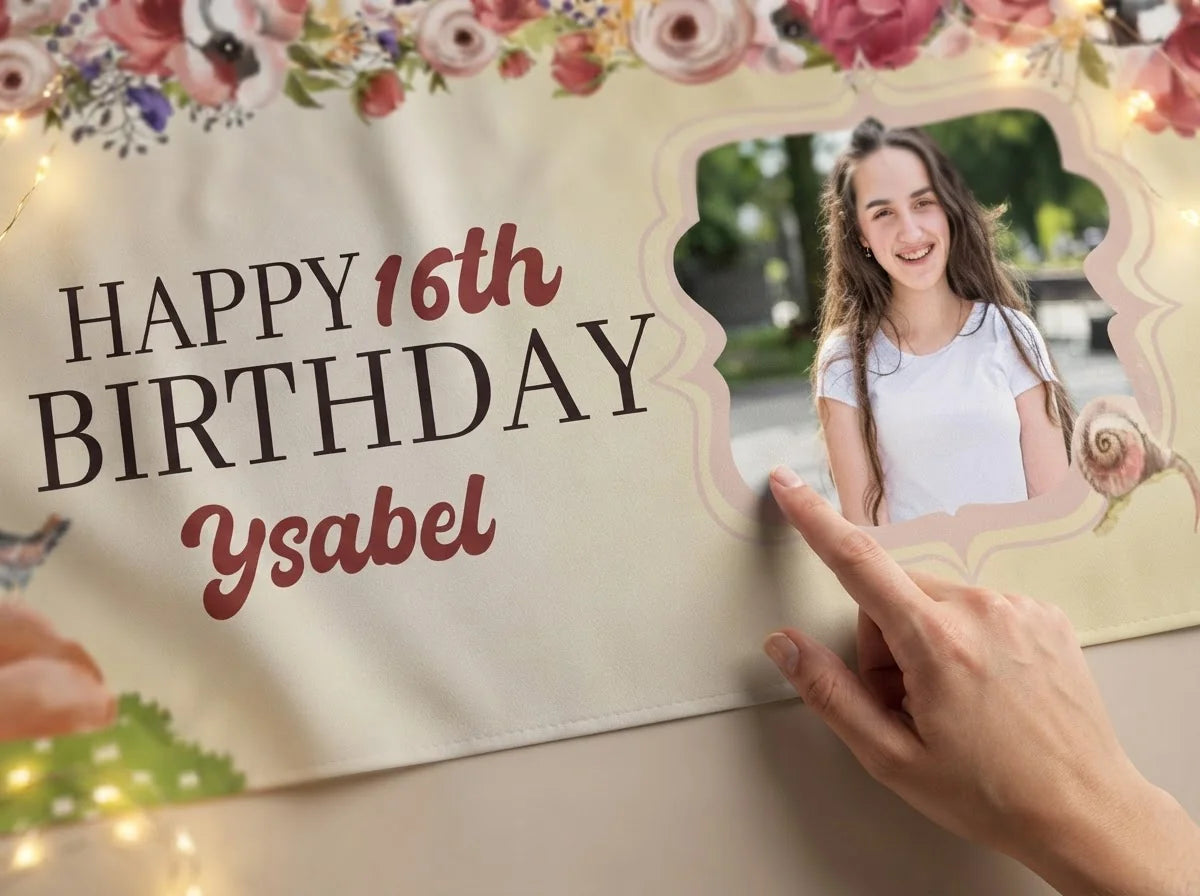 Close-up of the personalised name and photo printed on the Beautiful Forest Birthday Party Banner