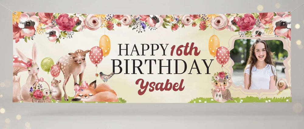 Personalised Beautiful Forest Birthday Party Banner displayed against a plain studio background
