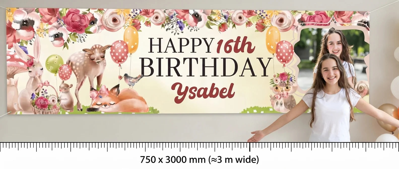 Person standing beside the Beautiful Forest Birthday Party Banner for scale, with size guide showing 750 x 3000 mm