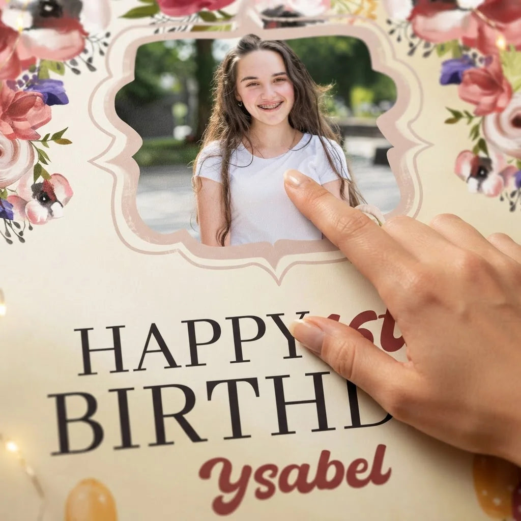 Close-up of the personalised name and photo printed on the Beautiful Forest Birthday Party Mega Card