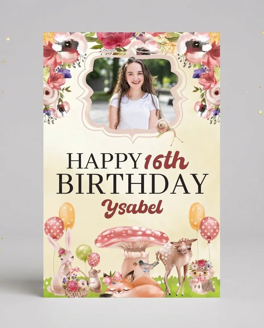 Personalised Beautiful Forest Birthday Party Mega Card displayed against a plain studio background